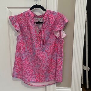 Vibrant Pink and Lavender Blouse with Flutter Sleeves